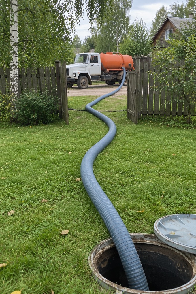 Ассенизаторская машина за забором участка, шланг тянется через калитку по газону к люку септика